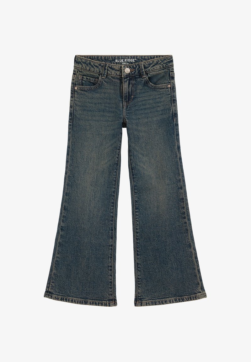 Jean évasé bleu foncé avec cinq poches, fermeture à boutons et passants de ceinture, étiqueté Blue Ridge, posé à plat sur fond blanc.