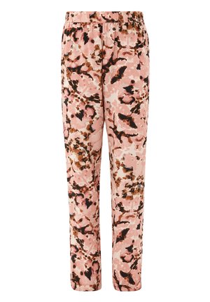 Roza hlače s leopardskim vzorcem in elastičnim pasom, z temno rjavimi in kremnimi akcenti. Narejene so iz lahkotnega, gladkega materiala.