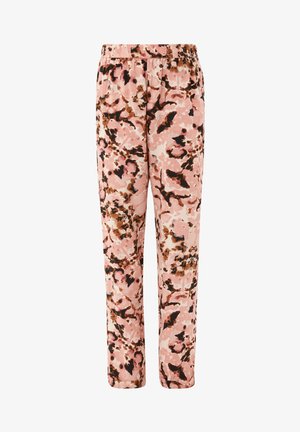 Roza hlače s leopardskim vzorcem in elastičnim pasom, z temno rjavimi in kremnimi akcenti. Narejene so iz lahkotnega, gladkega materiala.