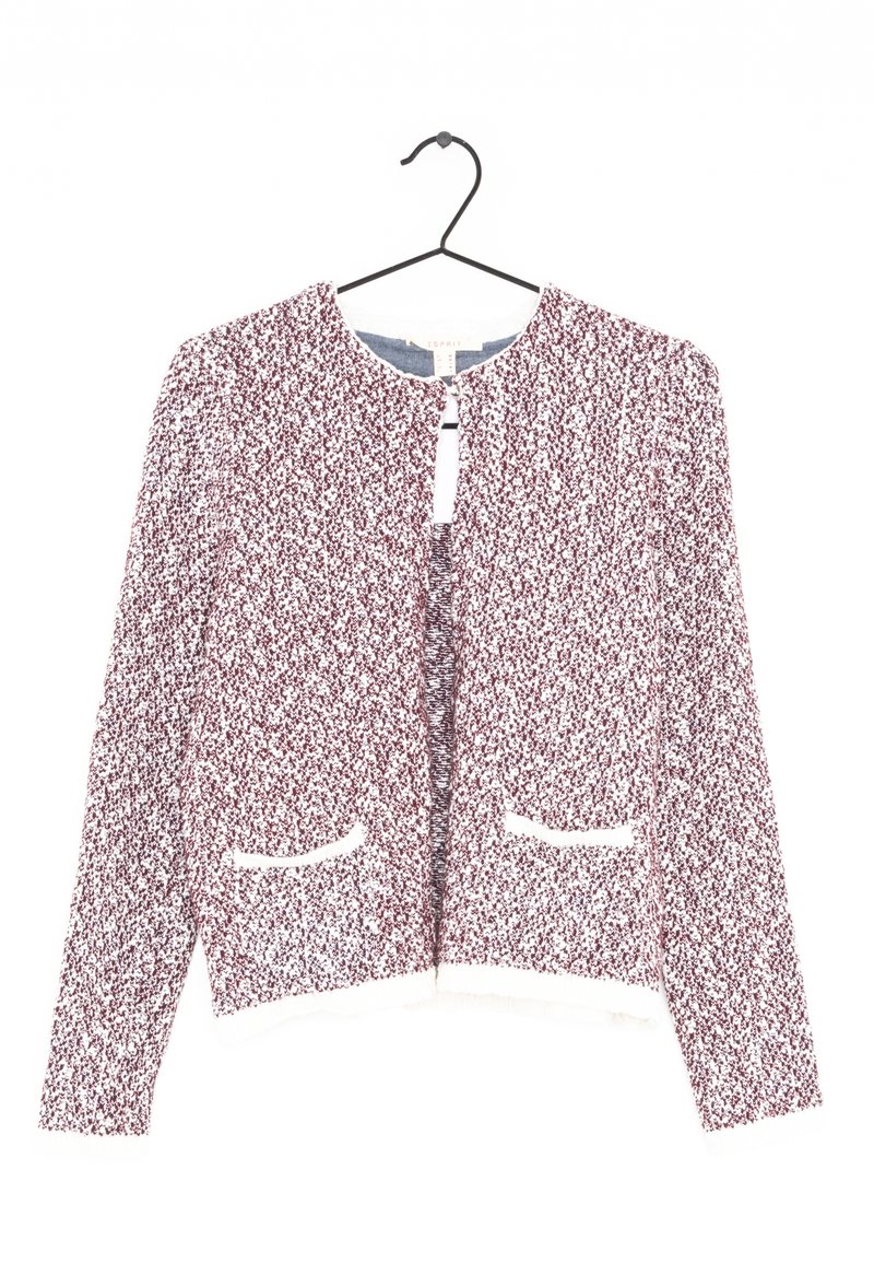Cardigan texturé à manches longues, mélange bordeaux et blanc, avec deux poches avant et sans boutons visibles, suspendu sur un cintre noir.