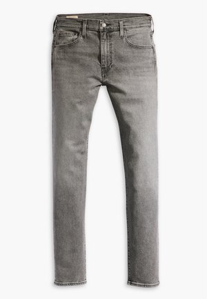 Jeans de mezclilla gris con corte recto, que cuentan con dos bolsillos delanteros, un bolsillo trasero y un cierre con botón de metal. Textura suave y diseño clásico.