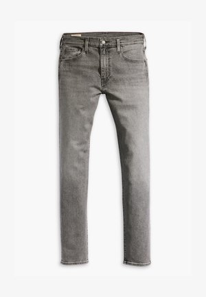 Jeans in denim grigio con taglio dritto, dotati di due tasche anteriori, una tasca posteriore e chiusura con bottone metallico. Texture liscia e design classico.