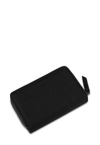 Black zippered wallet made of textured fabric. Features a rectangular shape with a subtle embossed logo and a fabric pull tab on the zipper.