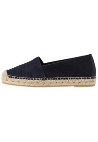 Námořnické modré semišové espadrilky se juty šňůrovou podrážkou, s uzavřenou patou a zaoblenou špičkou, hladkým povrchem a minimálními švy.