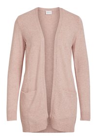 Ljusrosa cardigan med långa ärmar, öppen framsidesdesign, ribbade ärmslut och fåll, med två framfickor för extra detaljer.