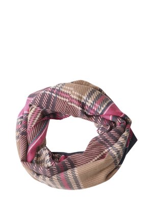 Écharpe circulaire avec un motif à carreaux beige, marron, rose et gris, disposée en boucle torsadée sur fond blanc.
