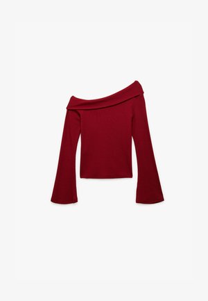 Bordeaux off-shoulder top met lange belmouwen, geribbelde textuur en een aansluitend ontwerp. Stof is zacht en rekbaar.