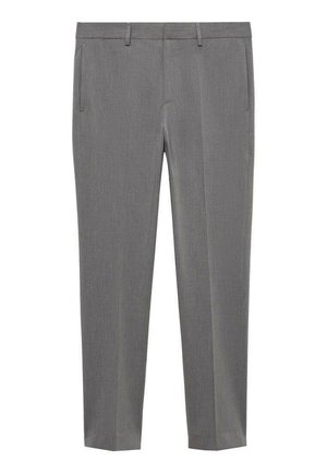 Gray dress pants with a tailored fit, featuring a smooth texture, flat front, two side pockets, and a crease down the legs.