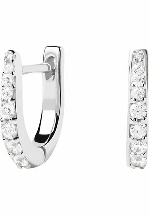 Boucles d'oreilles créoles en argent avec une rangée de petits diamants ronds sur la surface avant, avec une fermeture à charnière.