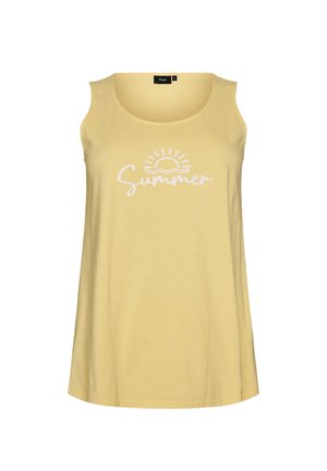Yellow sleeveless top with white "Summer" text and sun graphic on the front, round neckline, loose fit.