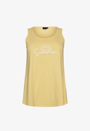 Haut jaune sans manches avec inscription blanche « Summer » et motif soleil sur le devant, col rond, coupe ample.