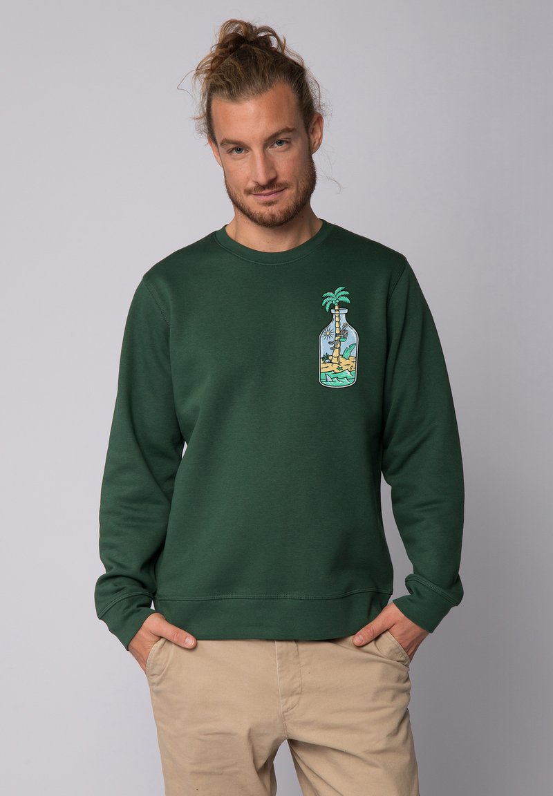 Grüner Sweatshirt aus Baumwolle mit einem grafischen Design einer Palme in einer Flasche. Gerippter Kragen und Bündchen, lockere Passform.