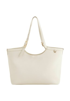 Cremefarbene Leder-Shopper-Tasche mit zwei verstellbaren Schulterriemen und goldfarbenen Schnallendetails, gezeigt vor weißem Hintergrund.