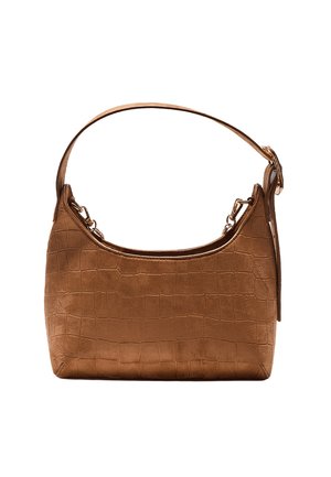 Sac à main en cuir marron embossé crocodile avec une bandoulière unique et des ferrures dorées, présenté sur un fond blanc.