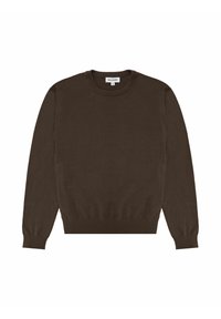Brauner Pullover aus weichem Strickstoff. Hat einen runden Ausschnitt, lange Ärmel, gerippte Bündchen und einen gerippten Saum für einen taillierten Look.