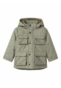 Khaki jakas ar kapuci, ar ziedu rakstu zilā un brūnā krāsā, četriem priekšējiem kabatām un mīkstu iekšējo oderi.