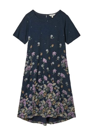 Marineblaues Kurzarmkleid mit Blumenmuster in Lila, Grau und Gold. Verfügt über einen Rundhalsausschnitt und zwei Seitentaschen. Weicher, strukturierter Stoff.