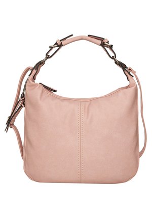 Roze nepleer schoudertas met een gebogen vorm, bovenhandvat, verstelbare schouderband en contrasterende hardwareaccenten.