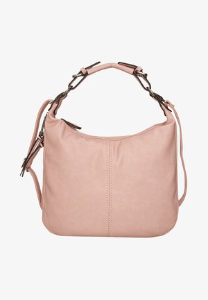 Roze nepleer schoudertas met een gebogen vorm, bovenhandvat, verstelbare schouderband en contrasterende hardwareaccenten.