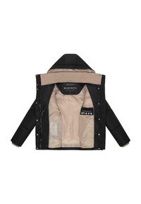 Zwarte donsjack met een beige capuchonvoering, voorzien van een gladde beige voering, drukknoopsluiting en binnenzakken met labels.