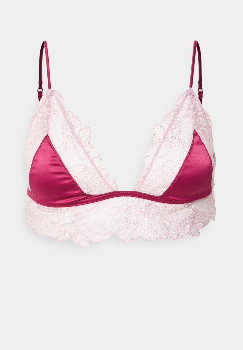 Sutiã com renda, base de seda rosa e detalhes em bordô. Apresenta alças ajustáveis e um padrão floral ao longo das bordas.