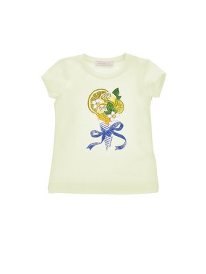 Light yellow toddler T-shirt with embellished lemon slices, white flowers, green leaves, and a blue bow graphic on front.