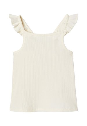 Cream-colored ribbed sleeveless top with square neckline and ruffled straps.