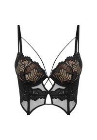 Black lace lingerie featuring detailed floral pattern, mesh paneling, and a constructed bustier shape with thin adjustable straps.