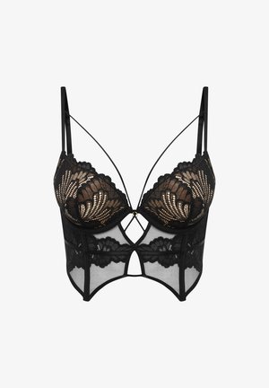 Czarna koronkowa bielizna z bogatym wzorem kwiatowym, siateczkowymi panelami oraz usztywnionym kształtem gorsetu z cienkimi, regulowanymi ramiączkami.
