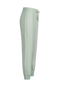 Pantalones de chándal verde claro con cintura elástica, detalle de cordón y puños ajustados. Fabricados con un material suave y liso.