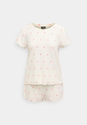 Šviesiai kreminis trumpas pižamos komplektas su rožinių širdelių raštais. Austa tekstūra, banguotos kraštinės, trumpomis rankovėmis ir elastinga liemenė šortams.