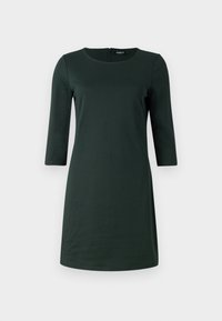 Tummanvihreä, polven mittainen mekko, jossa on pyöreä kaula-aukko ja kolmiventillus-hihoja, valmistettu pehmeästä ja sileästä materiaalista, takaosassa vetoketju.