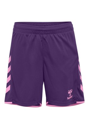 Lilla sportsshorts med pink chevron-striber på siderne, pink foer og hummel-logo på højre ben foran. Elastisk talje.