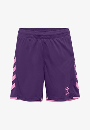 Lilla sportsshorts med pink chevron-striber på siderne, pink foer og hummel-logo på højre ben foran. Elastisk talje.