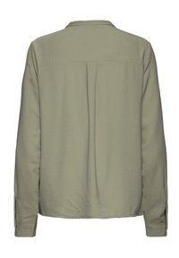 Blouse longue vert olive clair avec détail de pli au dos, boutons aux poignets et un petit col, vue de dos.