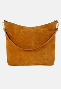 Suede handbag in warm, brown hue. Simple, soft design with a curved top. Features a leather strap and gold-tone hardware accents.