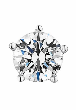 Diamante redondo con facetas que reflejan la luz, engastado en una base de metal blanco con cuatro garras. Claro y sin color, con alta brillantez y claridad.
