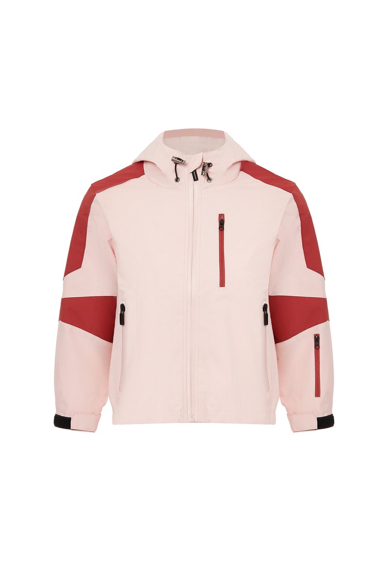 Giacca rosa chiaro con pannelli di accento rossi, chiusura con zip sul fronte e tasche, cappuccio regolabile e polsini elasticizzati, realizzata in un materiale leggero.