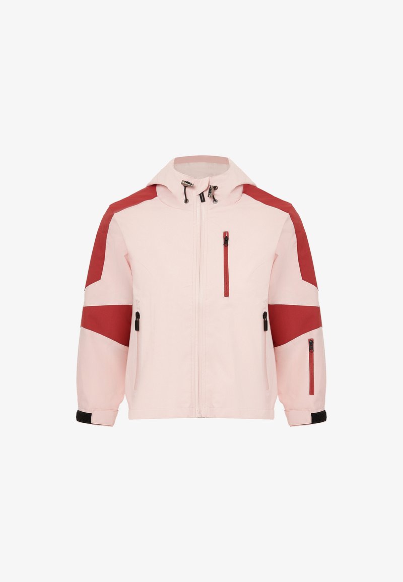 Világos rózsaszín kabát piros díszítésekkel, cipzáras elülső résszel és zsebekkel, állítható kapucnival és elasztikus mandzsettákkal, könnyű anyagból készült.