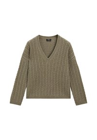 Olive green V-neck sweater with a ribbed texture and cable-knit design. Features long sleeves and a cropped length.