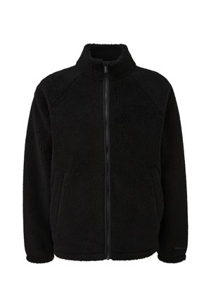Veste polaire noire à fermeture éclair intégrale avec col haut, manches longues et poches latérales, fabriquée en tissu doux et duveteux pour la chaleur et le confort.