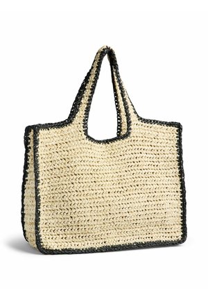 Bolso rectangular de paja tejida con borde ancho negro y asas cortas, colocado en posición vertical sobre fondo blanco.