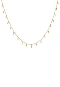 Collana placcata in oro con una delicata catena, caratterizzata da piccoli charm geometrici appesi a intervalli, creando un design leggero e spazioso.