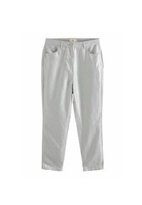 Lichtgrijze broek met een gladde textuur, voorzien van twee voorkruiken, een knoopsluiting en rechte pijpen. Geen zichtbare patronen of accenten.