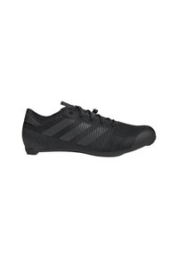 Chaussure de sport noire à profil bas, avec lacets, empeigne texturée et trois fines bandes diagonales sur le côté.