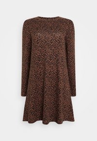 Robe à manches longues en imprimé léopard marron et noir, avec un col rond et une silhouette évasée, fabriquée dans un tissu doux et texturé.
