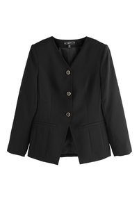 Blazer nero con collo a revers, chiusura con quattro bottoni dorati, due tasche laterali e taglio sartoriale. Tessuto liscio, silhouette su misura.