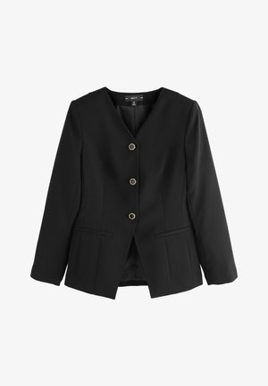 Sacou negru cu guler cu revere, închidere cu patru nasturi aurii, două buzunare laterale și croială ajustată. Material neted, siluetă croită.