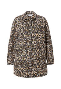 Lange mouwen shirt van marineblauwe stof met een hart- en bloemenprint in oranje en wit. Bevat een puntige kraag en een knoopsluiting aan de voorkant.