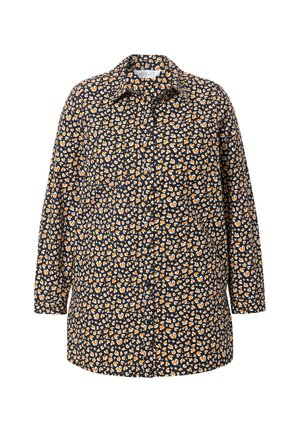 Lange mouwen shirt van marineblauwe stof met een hart- en bloemenprint in oranje en wit. Bevat een puntige kraag en een knoopsluiting aan de voorkant.